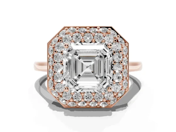 Asscher Cut Halo Diamond Engagement Ring with Solitaire Band and Four-Prong Setting Rose gold