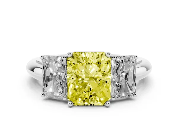 Fancy Yellow Three-Stone Radiant Cut Cut Diamond Engagement Ring with Prong Setting on a White Gold Band White gold