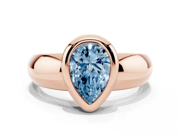 Fancy Blue Bezel Set Pear Cut Solitaire Ring with Wide Band Rose gold