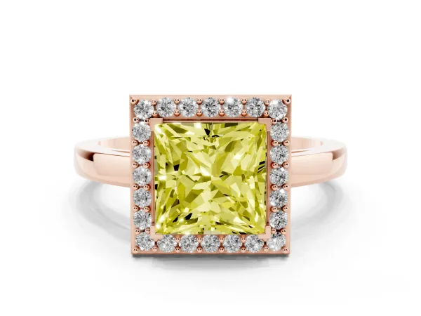 Fancy Yellow Princess Cut Halo Diamond Ring with Solitaire Band and Prong Setting Rose gold