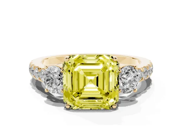 Fancy Yellow Asscher Cut Cut Diamond Three-Stone Ring with Round Side Stones and Pavé Band Yellow gold
