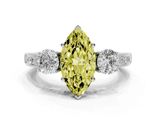 Fancy Yellow Marquise Cut Three-Stone Diamond Ring with Pavé Band and Four-Prong Setting Platinum