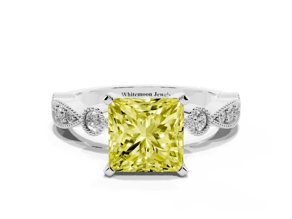Fancy Yellow Princess Cut Milgrain Bezel Diamond Engagement Ring with Solitaire Prong Setting Platinum