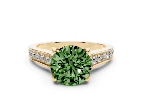 Fancy Green Round Cut Brilliant Cut Diamond Engagement Ring with Pavé Band and Four-Prong Setting Yellow gold