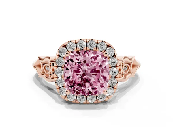 Fancy Pink Cushion Cut Halo Diamond Engagement Ring with Filigree Band and Four-Prong Setting Rose gold