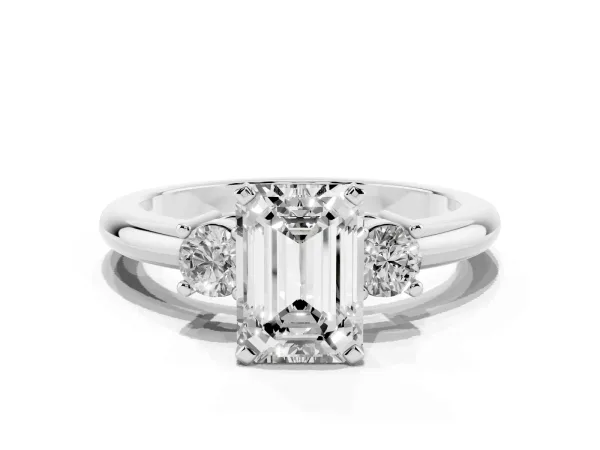 Three-Stone Emerald Cut Cut Diamond Solitaire with Prong Setting and Classic Band Platinum