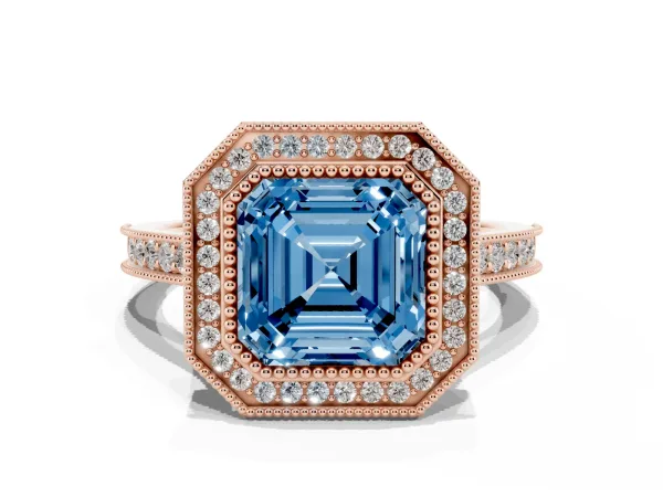 Fancy Blue Halo Asscher Cut-Cut Diamond Pave Band Milgrain Prong Setting Ring Rose gold