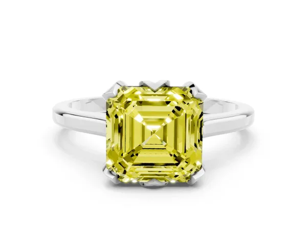 Fancy Yellow Asscher Cut Diamond Solitaire Ring with Flower Prong Setting and Classic Band Platinum