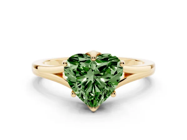 Fancy Green Heart Cut Solitaire Diamond Ring with Six-Prong Setting and Tapered Band Yellow gold