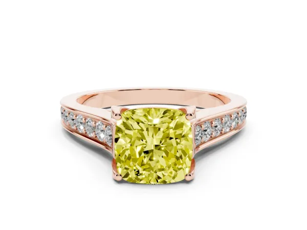 Fancy Yellow Cushion Cut Brilliant Cut Diamond Engagement Ring with Pavé Band and Four-Prong Setting Rose gold