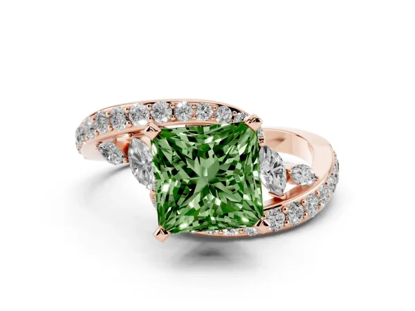 Fancy Green Princess Cut Solitaire with Pavé Twist Band and Four-Prong Setting Rose gold