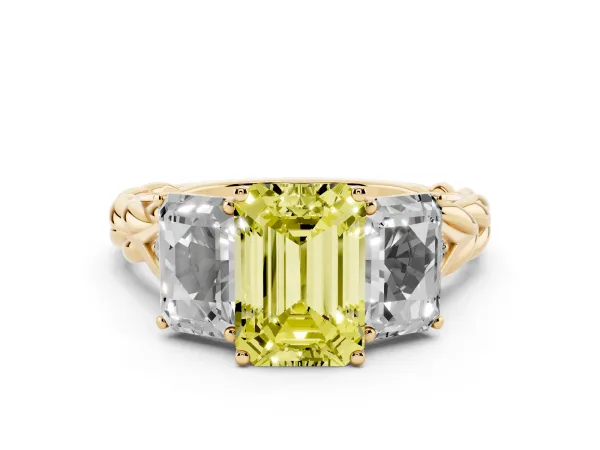 Fancy Yellow Three-Stone Radiant Cut Diamond Braided Band Ring with Four-Prong Setting Yellow gold