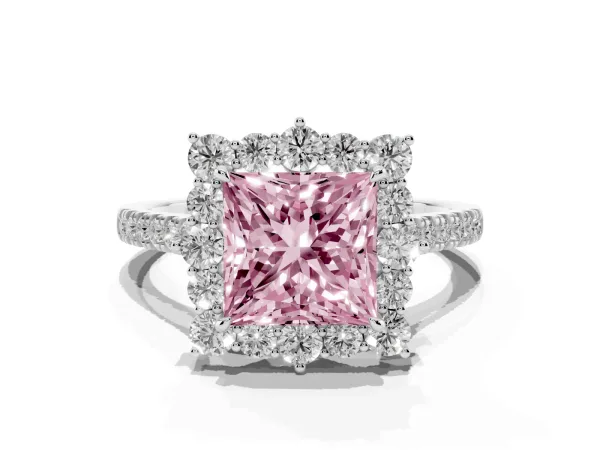 Fancy Pink Princess Cut Halo Diamond Ring with Pavé Band and Prong Setting White gold