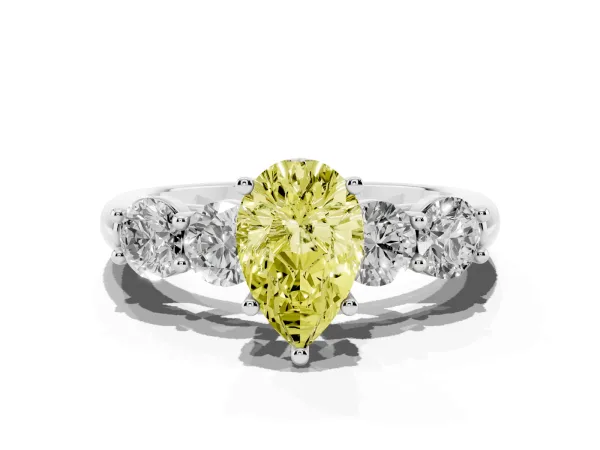 Fancy Yellow Pear Cut Cut Five-Stone Prong Set Diamond Ring with Classic Band Platinum