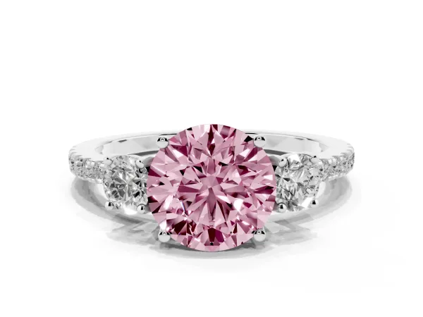 Fancy Pink Three-Stone Round Cut Cut Diamond Pavé Band with Prong Setting White gold