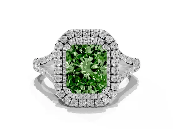 Fancy Green Radiant Cut Cut Double Halo Split Shank Diamond Ring with Prong Setting Platinum