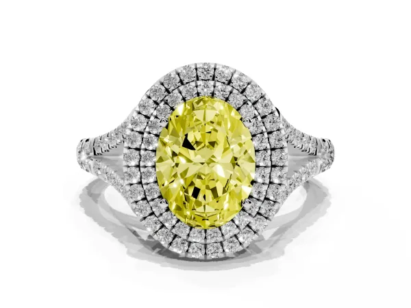 Fancy Yellow Oval Cut Diamond Pavé Split Shank Double Halo Engagement Ring Platinum