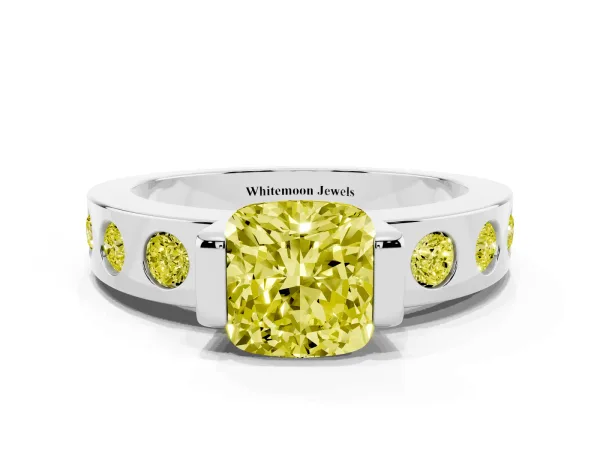 Fancy Yellow Cushion Cut Brilliant Channel-Set Diamond Ring with Bezel Prong Setting White gold