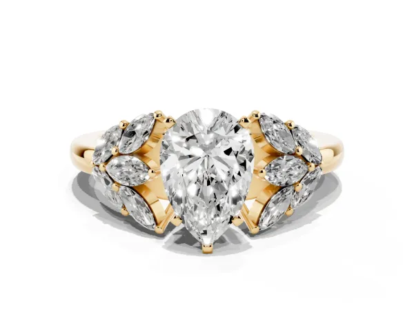 Pear Cut Diamond Cluster Leaf Design Ring with Prong Setting Yellow gold