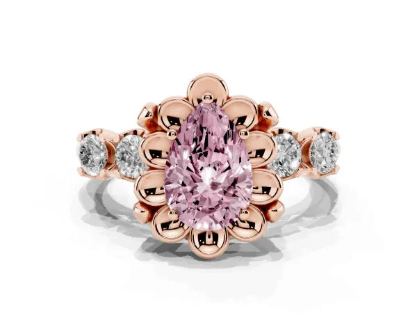 Fancy Pink Pear Cut Cut Diamond Floral Halo Engagement Ring with Shared Prong Setting Rose gold