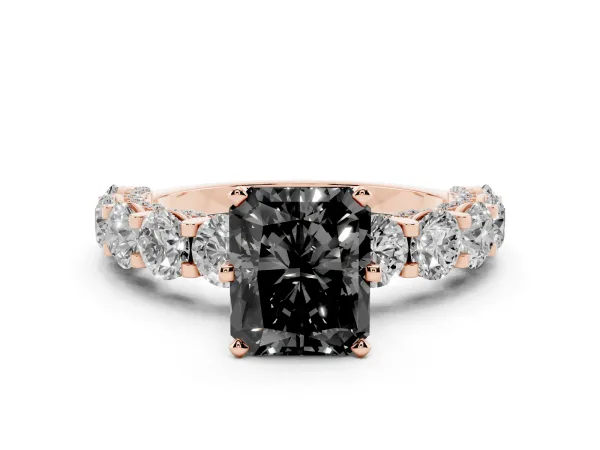 Fancy Black Radiant Cut Diamond Side Stone Engagement Ring with Four-Prong Setting Rose gold