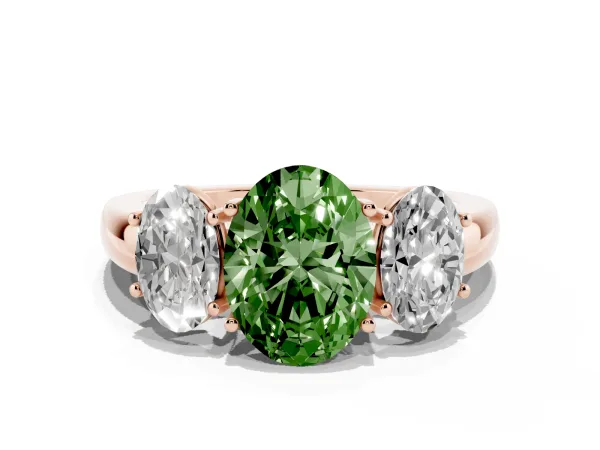 Fancy Green Oval Cut Diamond Three-Stone Ring with Four-Prong Setting and Classic Band Rose gold