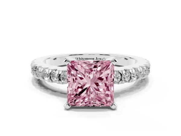 Fancy Pink Princess Cut Solitaire Diamond with Pavé Band and Four-Prong Setting Platinum