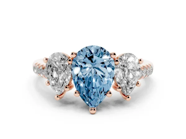 Fancy Blue Three-Stone Pear Cut Diamond Ring with Round Pavé Band and Prong Setting Rose gold