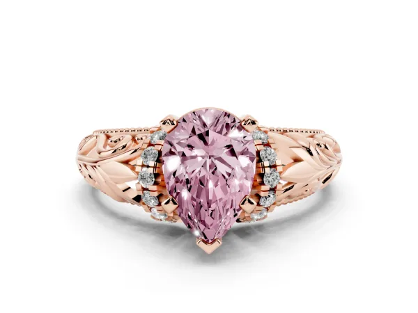 Fancy Pink Pear Cut Solitaire Filigree Engagement Ring with Halo and Prong Setting Rose gold