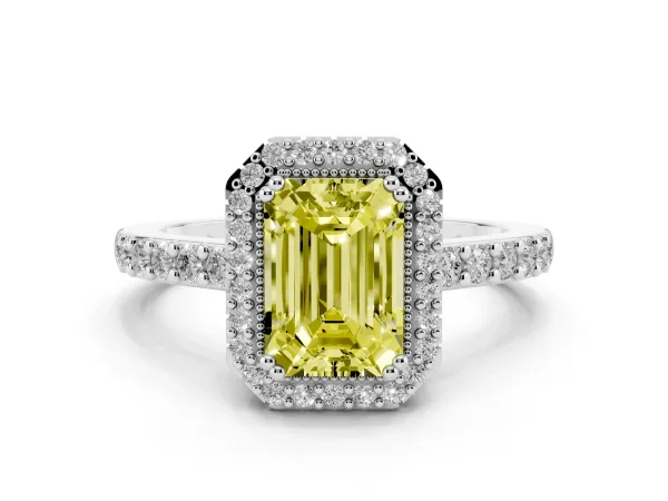 Fancy Yellow Emerald Cut Cut Diamond Halo Engagement Ring with Milgrain Detail and Pavé Band Platinum