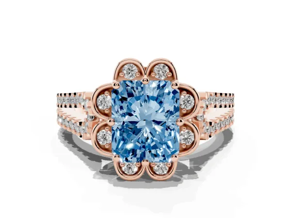 Fancy Blue Radiant Cut Halo Diamond Floral Split Shank Engagement Ring Rose gold
