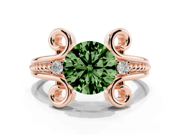 Fancy Green Round Cut Solitaire Twisted Band Scroll Prong Ring Rose gold