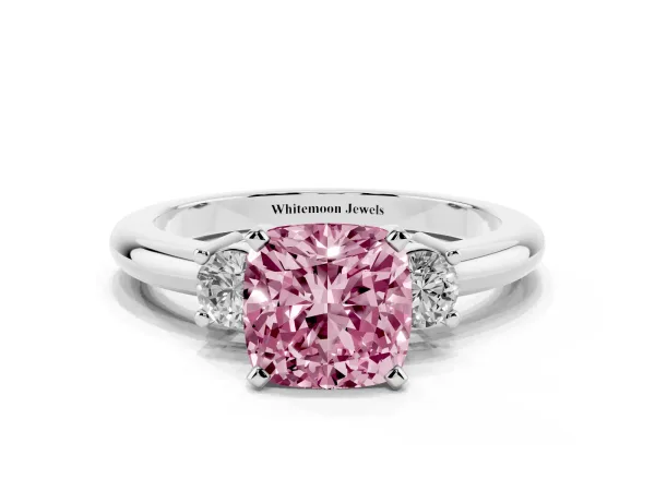 Fancy Pink Three-Stone Cushion Cut Cut Diamond Solitaire with Prong Setting and Classic Band White gold