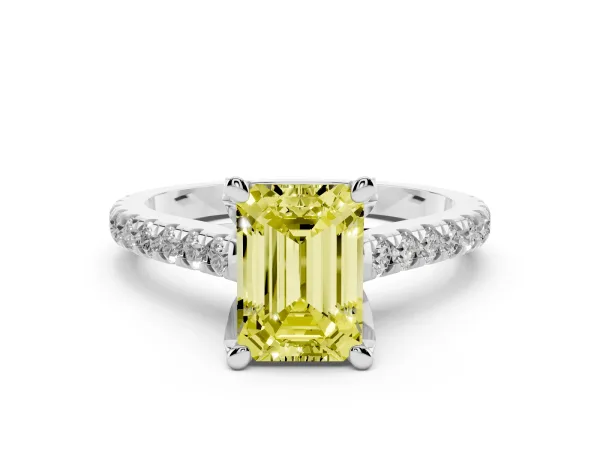 Fancy Yellow Emerald Cut Brilliant Diamond Solitaire with Pavé Band and Four-Prong Setting Platinum