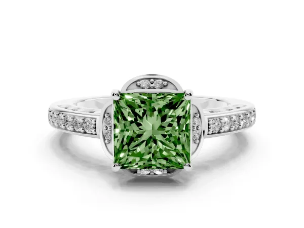 Fancy Green Princess Cut Cut Halo Diamond Ring with Channel Set Band and Four-Prong Setting White gold