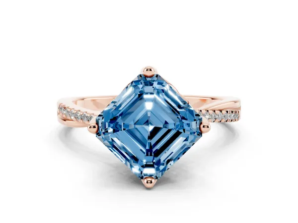 Fancy Blue Asscher Cut Solitaire Twist Band with Pavé Diamonds and Four-Prong Setting Rose gold