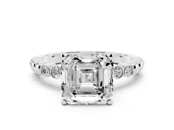 Asscher Cut Solitaire Bezel Accent Diamond Engagement Ring with Beaded Band and Four-Prong Setting White gold