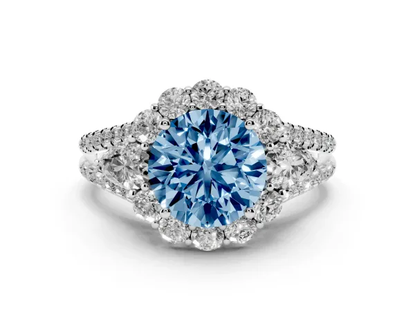 Fancy Blue Round Cut Halo Split Shank Diamond Engagement Ring with Prong Setting Platinum