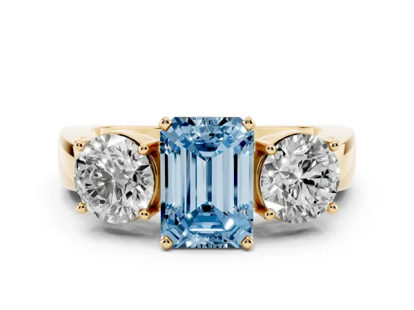 Fancy Blue Three-Stone Emerald Cut Diamond Ring with Round Side Stones, Classic Band, and Four-Prong Setting Yellow gold