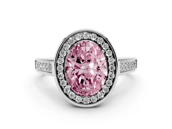 Fancy Pink Oval Cut Halo Solitaire Diamond Ring with Pave Band and Bezel Setting White gold