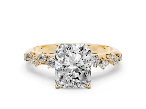 Radiant Cut Diamond Cluster Side Stone Solitaire Ring with Prong Setting Yellow gold