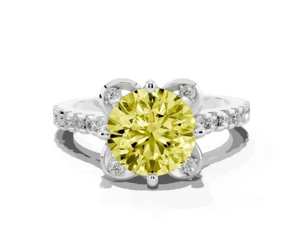 Fancy Yellow Round Cut Diamond Ring with Pavé Band and Floral Prong Setting White gold