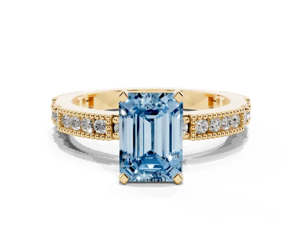 Fancy Blue Emerald Cut Solitaire with Pavé Band and Four-Prong Setting Yellow gold