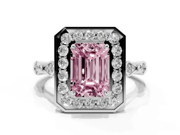 Fancy Pink Emerald Cut Halo Diamond Engagement Ring with Twisted Band and Four-Prong Setting Platinum