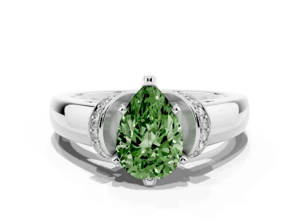 Fancy Green Pear Cut Solitaire Diamond Ring with Pave Band and Six-Prong Setting Platinum