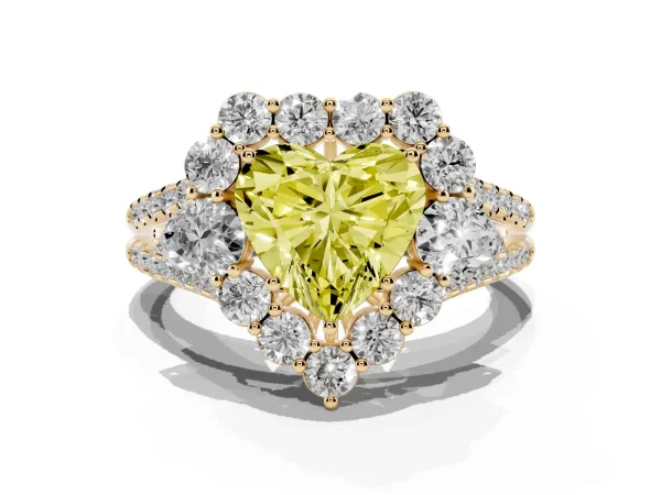 Fancy Yellow Heart Cut Halo Split Shank Diamond Engagement Ring with Prong Setting Yellow gold