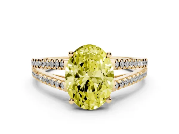 Fancy Yellow Oval Cut Diamond Solitaire Engagement Ring with Split Shank Pavé Band Yellow gold