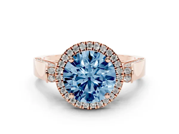 Fancy Blue Round Cut Halo Pave Split Shank Prong Setting Ring Rose gold