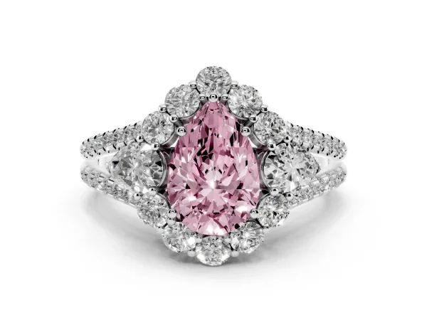 Fancy Pink Pear Cut Halo Split Shank Diamond Engagement Ring with Prong Setting White gold