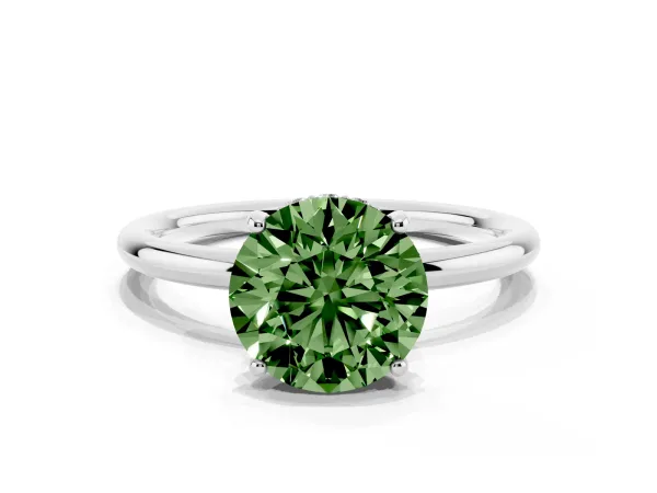 Fancy Green Round Cut Solitaire Diamond Ring with a Classic Band and Four-Prong Setting Platinum